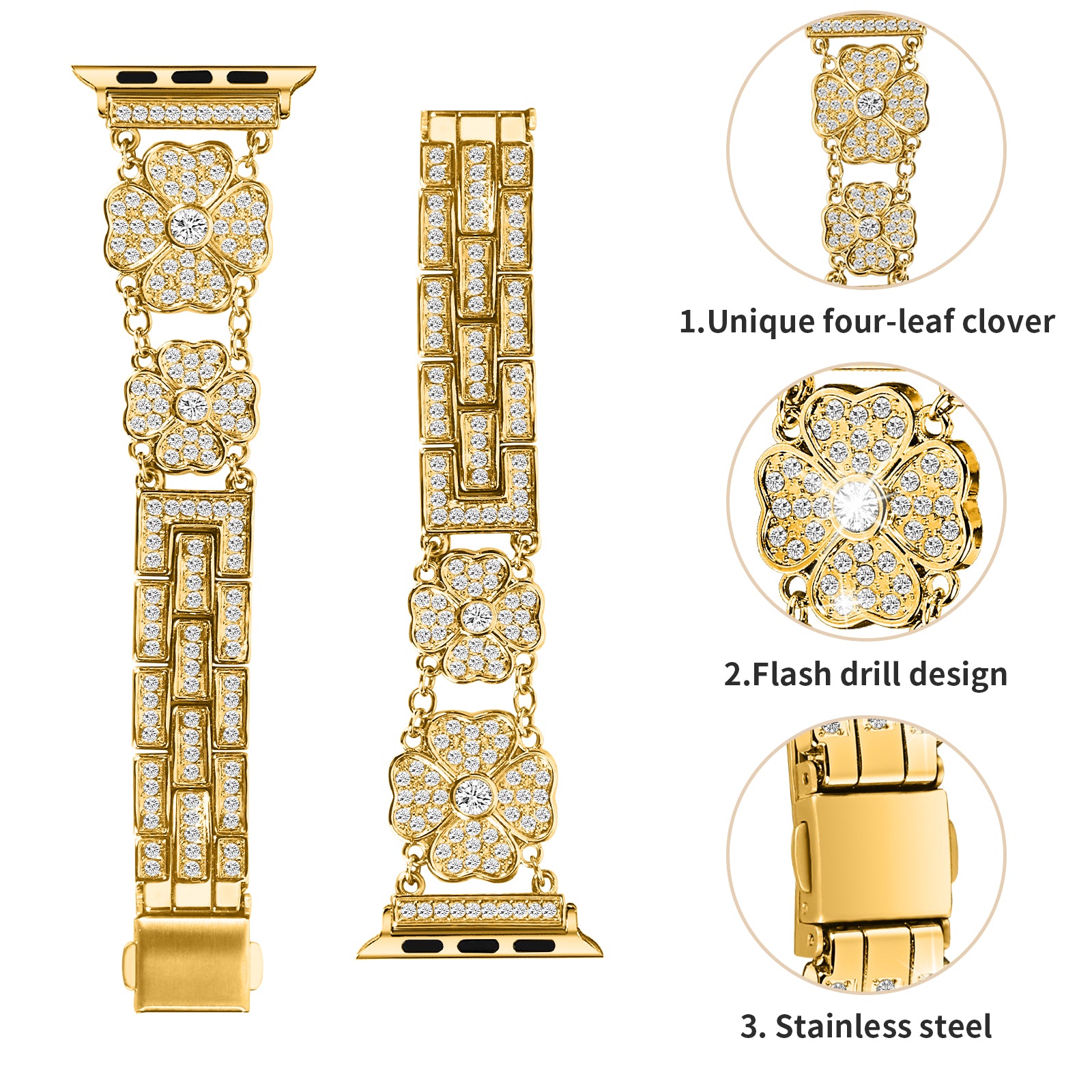 For Apple Watch Series 9 8 7 41mm 6 5 4 SE (2023) SE (2022) SE 40mm 3 2 1 38mm Watch Strap Rhinestone Clover Decor Metal Watch Band For Apple Watch Series 9 8 7 41mm 6 5 4 SE (2023) SE (2022) SE 40mm 3 2 1 38mm Watch Strap Rhinestone Clover Decor Metal Watch Band